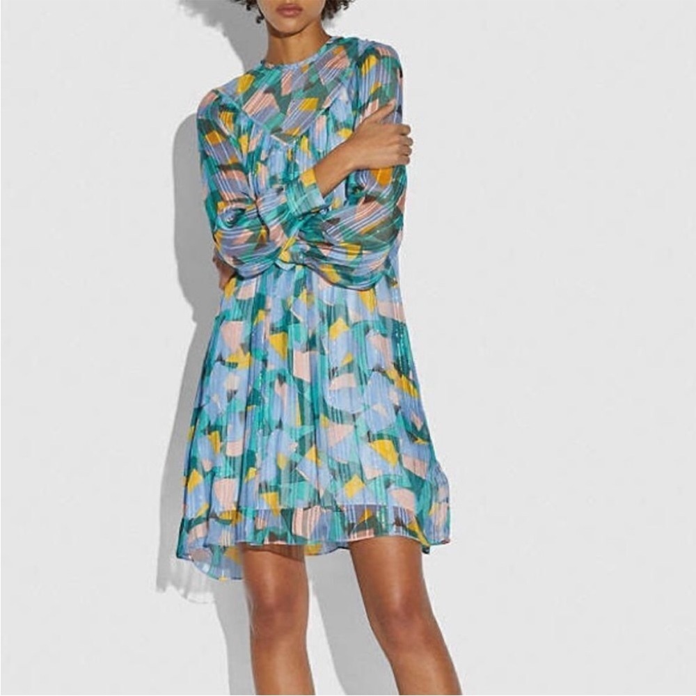 Coach 1941 Bold Geo Geometric Yoke Mini Dress Gold Thread New Size 0 Flowy